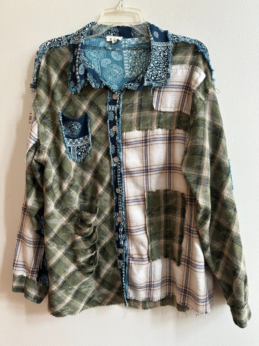 Deconstructed Distressed Patchwork Plaid Sz Small Button Up Shacket Shirt by POL